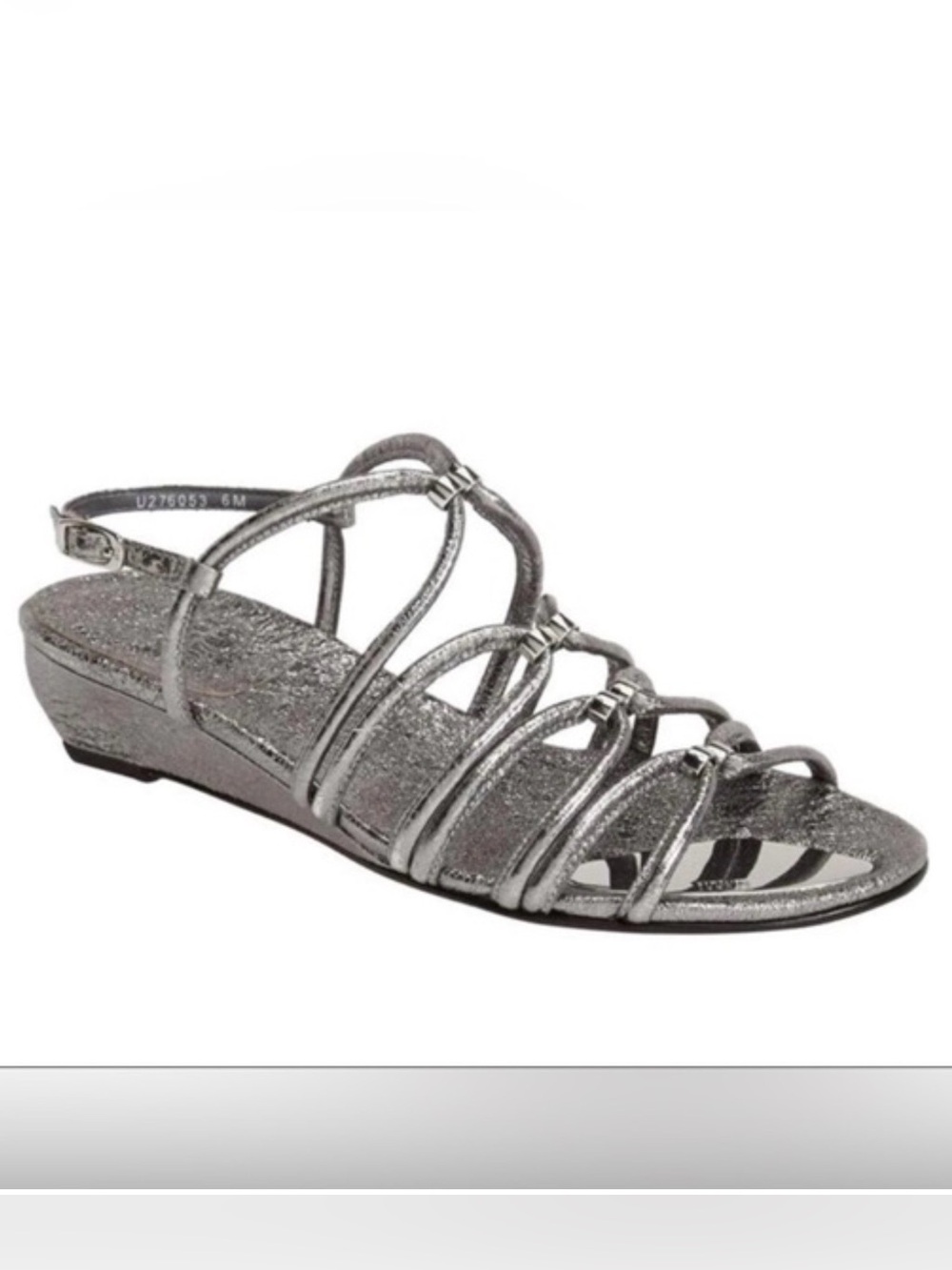 STUART WEITZMAN Nuts Strappy Sandals Metallic Silver Leather Demi Wedge Size 7